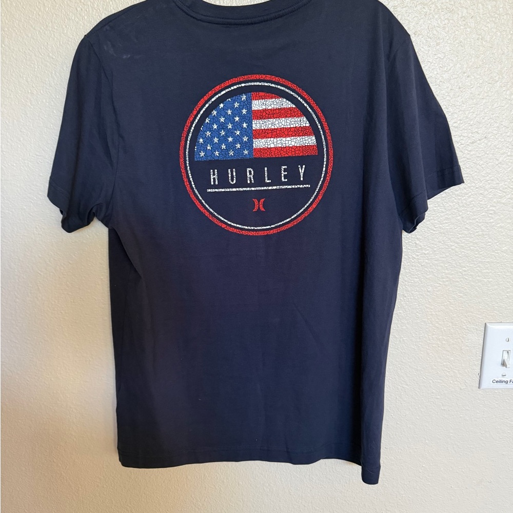 Hurley USA Flag Graphic Black Tee Men’s Medium Navy with Logo Print